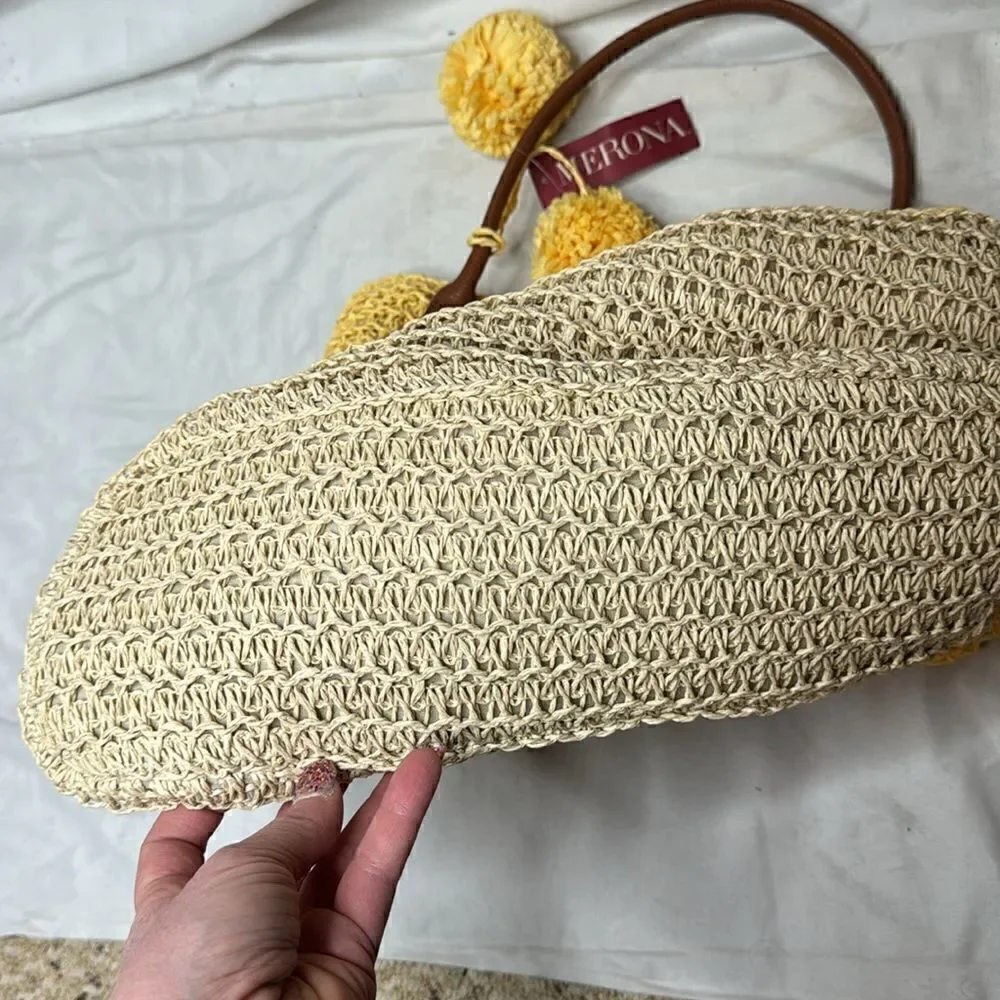 Merona Striped Woven Straw Pom Pom Tote Nag. NWT.